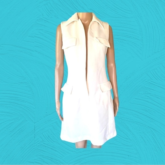 𝅺vintage Mod white sz XS/S dress ALine sheath wiggle crepe poly knit petite MCM - Picture 10 of 10